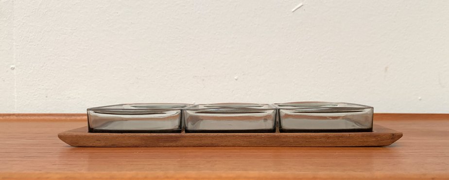 Mid-Century Danish Tray in Teak with Cabaret Glass Trays from Holmegaard, 1960s, Set of 4-UAH-1382392