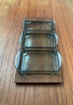 Mid-Century Danish Tray in Teak with Cabaret Glass Trays from Holmegaard, 1960s, Set of 4-UAH-1382392