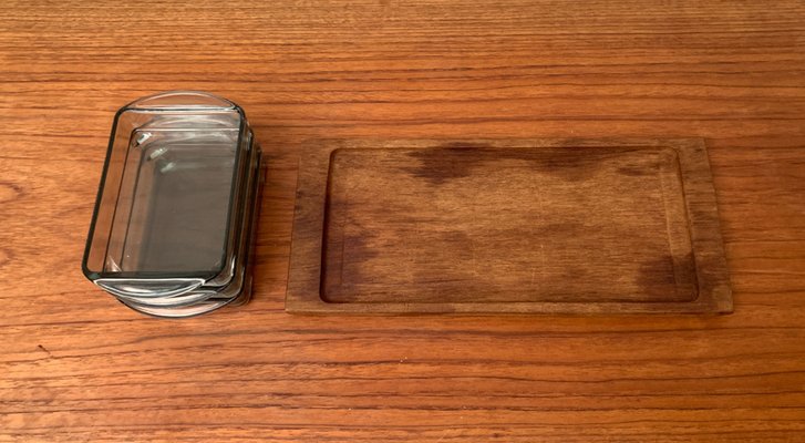 Mid-Century Danish Tray in Teak with Cabaret Glass Trays from Holmegaard, 1960s, Set of 4-UAH-1382392