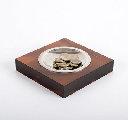 Mid-Century Dark Amber Acrylic Glass and Chrome Ashtray, Italy, 1970s-JDR-1425993