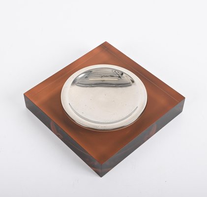 Mid-Century Dark Amber Acrylic Glass and Chrome Ashtray, Italy, 1970s-JDR-1425993