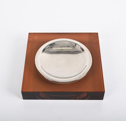 Mid-Century Dark Amber Acrylic Glass and Chrome Ashtray, Italy, 1970s-JDR-1425993