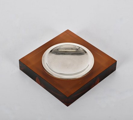 Mid-Century Dark Amber Acrylic Glass and Chrome Ashtray, Italy, 1970s-JDR-1425993