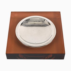 Mid-Century Dark Amber Acrylic Glass and Chrome Ashtray, Italy, 1970s-JDR-1425993