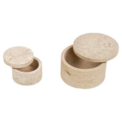 Mid-Century Decorative Boxes in Travertine in the style of Enzo Mari, Italy, 1970s, Set of 2-LYQ-1739368