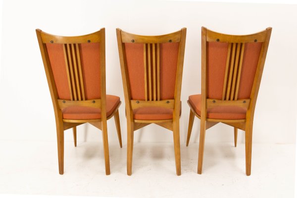 Mid-Century Dining Chairs in Beech and Red Moleskine, France, 1950s, Set of 6-RIU-1142278