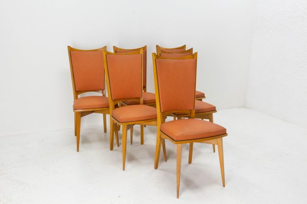 Mid-Century Dining Chairs in Beech and Red Moleskine, France, 1950s, Set of 6-RIU-1142278