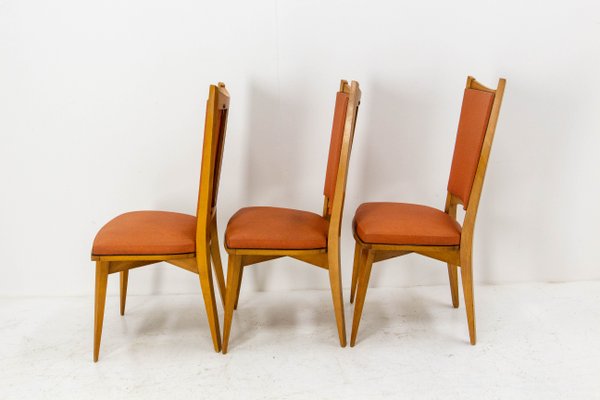 Mid-Century Dining Chairs in Beech and Red Moleskine, France, 1950s, Set of 6-RIU-1142278