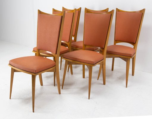 Mid-Century Dining Chairs in Beech and Red Moleskine, France, 1950s, Set of 6-RIU-1142278