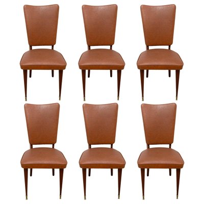 Mid-Century Dining Chairs in Brown Skai and Iroko Wood, 1960s, Set of 6-RIU-837607