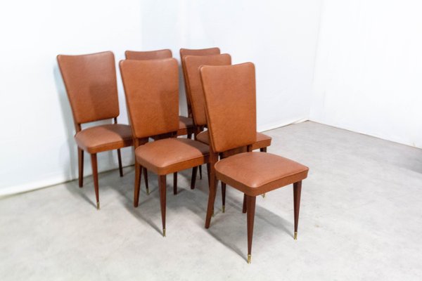 Mid-Century Dining Chairs in Brown Skai and Iroko Wood, 1960s, Set of 6-RIU-837607