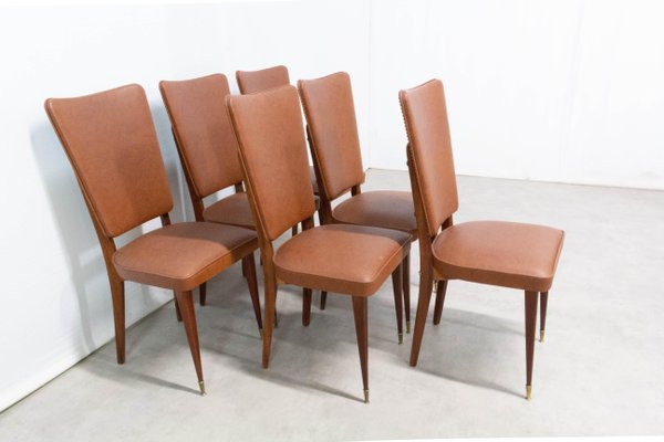 Mid-Century Dining Chairs in Brown Skai and Iroko Wood, 1960s, Set of 6-RIU-837607