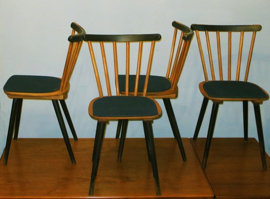 Mid-Century Dining Chairs with Splayed Legs and Petrol Blue Seats, Set of 4-ED-1811076