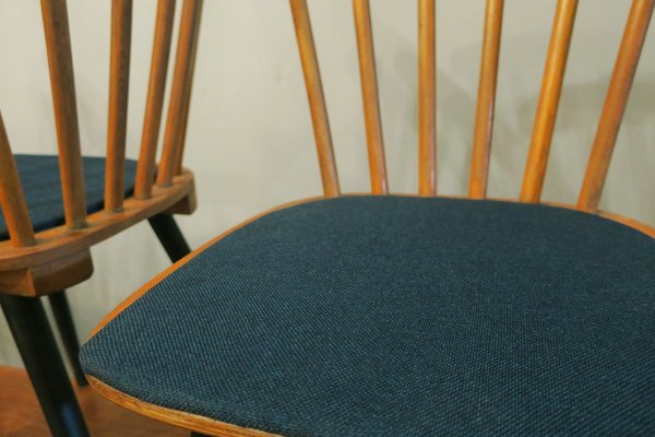 Mid-Century Dining Chairs with Splayed Legs and Petrol Blue Seats, Set of 4-ED-1811076