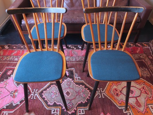 Mid-Century Dining Chairs with Splayed Legs and Petrol Blue Seats, Set of 4-ED-1811076