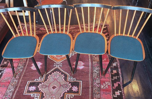 Mid-Century Dining Chairs with Splayed Legs and Petrol Blue Seats, Set of 4-ED-1811076