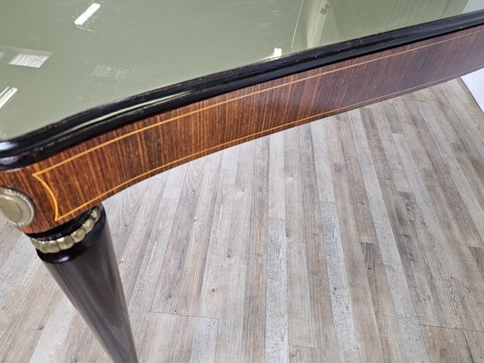 Mid-Century Dining Table in Mahogany with Glass Top and Brass Decorations, 1950-ZUW-1811425