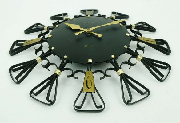 Mid-Century European Elomatic Sunburst Wall Clock in Black Metal & Brass, 1960s-FH-1297147