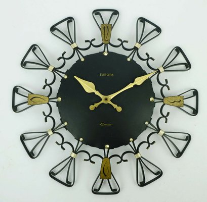 Mid-Century European Elomatic Sunburst Wall Clock in Black Metal & Brass, 1960s-FH-1297147