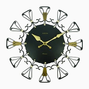 Mid-Century European Elomatic Sunburst Wall Clock in Black Metal & Brass, 1960s-FH-1297147