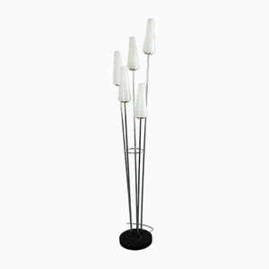 Mid-Century Floor Lamp with Chrome Base & 5 White Glass Shades-FH-1700611