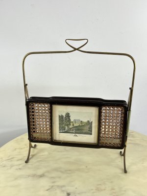 Mid-Century Folding Magazine Rack in Brass, Wood and Vienna Straw, 1940s-YST-2034830