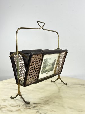 Mid-Century Folding Magazine Rack in Brass, Wood and Vienna Straw, 1940s-YST-2034830