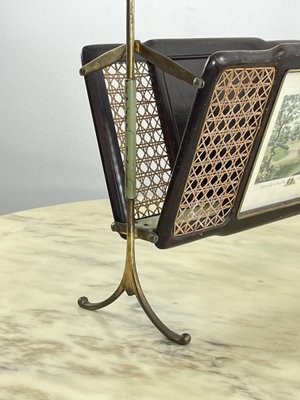 Mid-Century Folding Magazine Rack in Brass, Wood and Vienna Straw, 1940s-YST-2034830