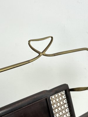 Mid-Century Folding Magazine Rack in Brass, Wood and Vienna Straw, 1940s-YST-2034830