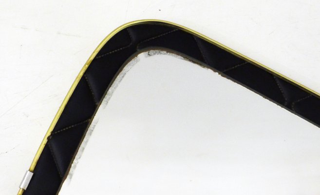 Mid-Century Free-Form Wall Mirror with Quilted Black Imitation Leather Frame & Gold Metal, 1950s-RNR-2034711