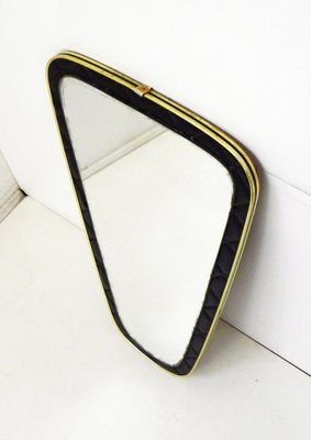 Mid-Century Free-Form Wall Mirror with Quilted Black Imitation Leather Frame & Gold Metal, 1950s-RNR-2034711