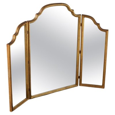 Mid-Century Freestanding Trifold Vanity Mirror in Patinated Gold Painted Wood, 1940s-FEW-2024258