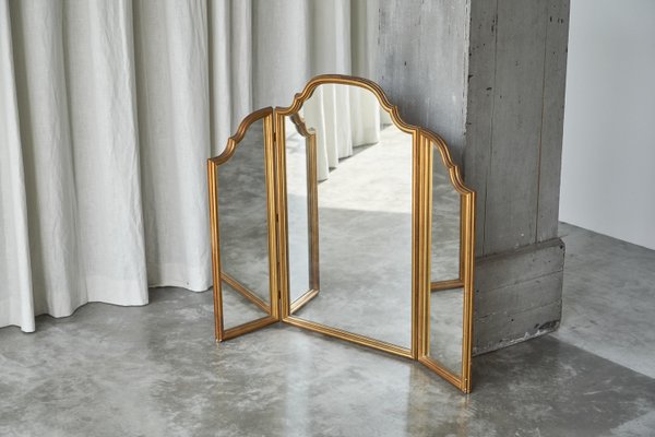 Mid-Century Freestanding Trifold Vanity Mirror in Patinated Gold Painted Wood, 1940s-FEW-2024258