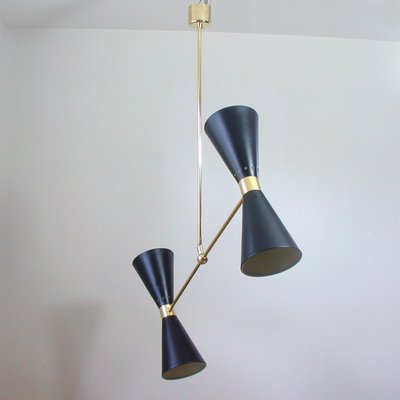 Mid-Century French Black Double Cone Diabolo Pendant Chandelier, 1950s-OE-897923