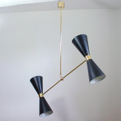 Mid-Century French Black Double Cone Diabolo Pendant Chandelier, 1950s-OE-897923