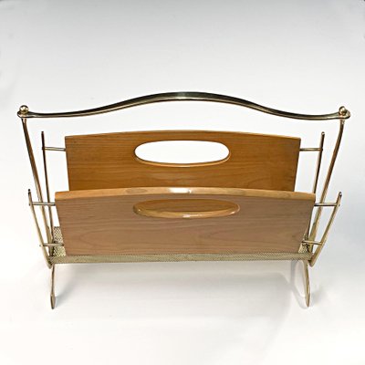 Mid-Century French Brass and Chestnut Wood Magazine Rack by Maison Baguès, 1950s-JDR-1126170