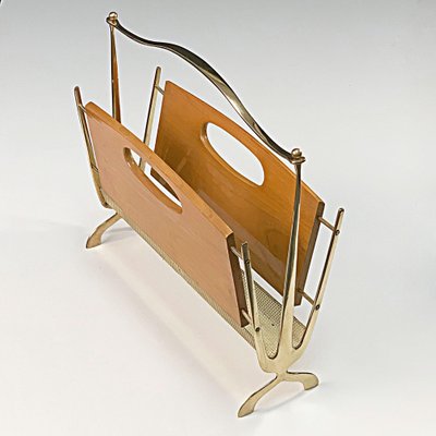 Mid-Century French Brass and Chestnut Wood Magazine Rack by Maison Baguès, 1950s-JDR-1126170