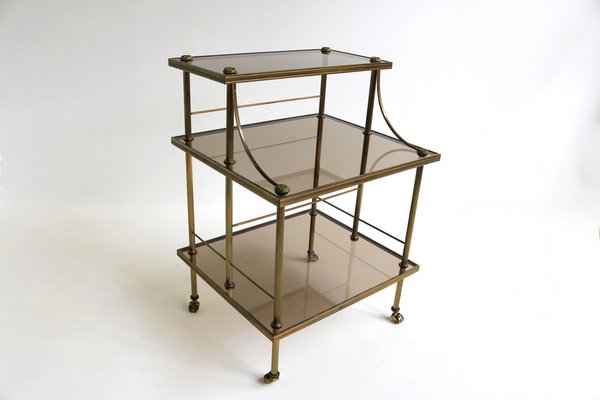 Mid-Century French Brass & Smoked Glass Three Tiered Drinks Trolley, 1970s-OKN-2042974