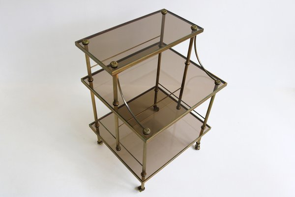 Mid-Century French Brass & Smoked Glass Three Tiered Drinks Trolley, 1970s-OKN-2042974