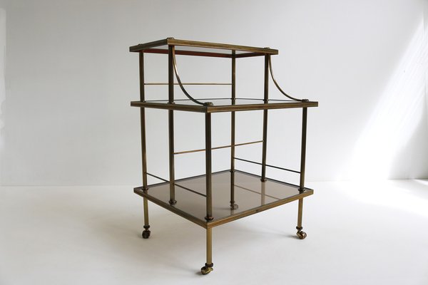 Mid-Century French Brass & Smoked Glass Three Tiered Drinks Trolley, 1970s-OKN-2042974