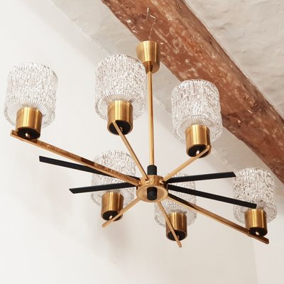 Mid-Century French Brass, Steel, and Glass Chandelier from Arlus, 1950s-CGX-564474