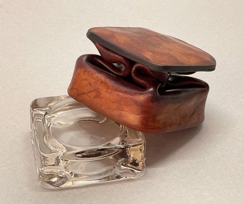 Mid-Century French Brown Leather and Glass Ashtray by Jacques Adnet, 1950s-JDR-1125435