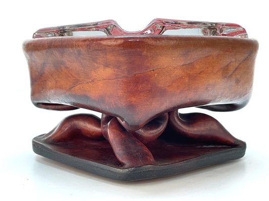 Mid-Century French Brown Leather and Glass Ashtray by Jacques Adnet, 1950s-JDR-1125435