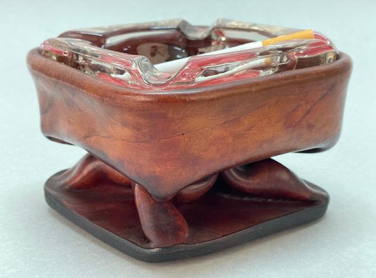 Mid-Century French Brown Leather and Glass Ashtray by Jacques Adnet, 1950s-JDR-1125435