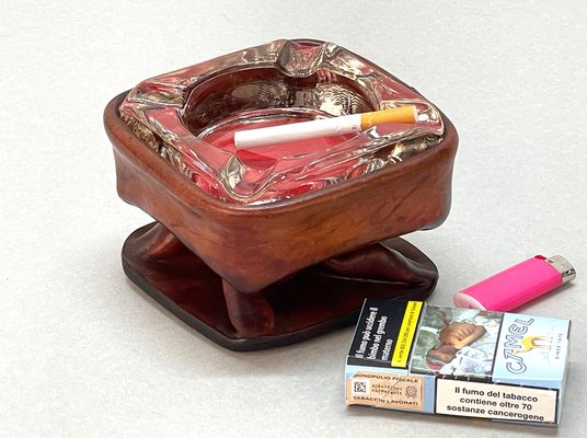 Mid-Century French Brown Leather and Glass Ashtray by Jacques Adnet, 1950s-JDR-1125435