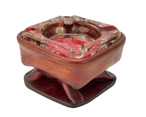 Mid-Century French Brown Leather and Glass Ashtray by Jacques Adnet, 1950s-JDR-1125435