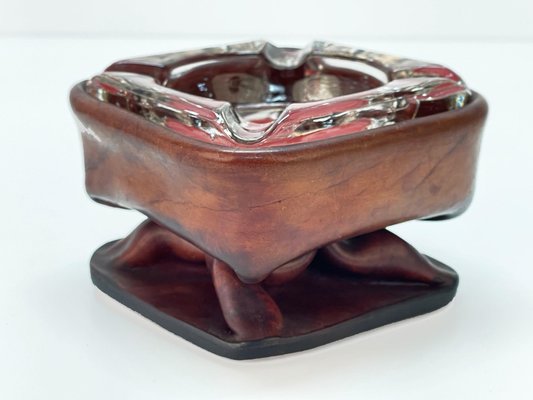 Mid-Century French Brown Leather and Glass Ashtray by Jacques Adnet, 1950s-JDR-1125435