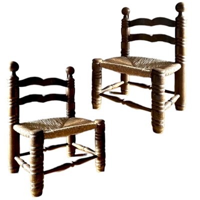 Mid-Century French Brutalist Oak & Rush Rope Chairs by Charles Dudouyt, Set of 2-TCS-1812815