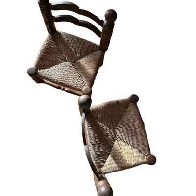 Mid-Century French Brutalist Oak & Rush Rope Chairs by Charles Dudouyt, Set of 2-TCS-1812815