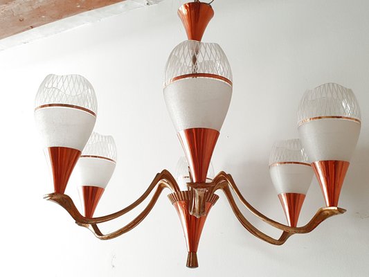 Mid-Century French Copper, Brass and Glass Chandelier, 1950s-CGX-564464